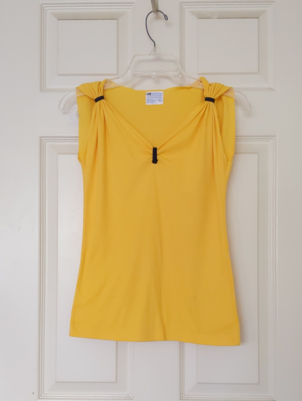 MW Bright Yellow Sleeveless V-Neck Knit Top with Black Knot Details.